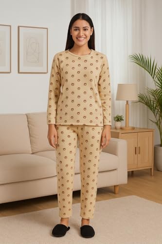 Image of CAMEY Women's Printed Full Sleeve Round Neck /V-Neck Top and Pajama Pants with Pockets