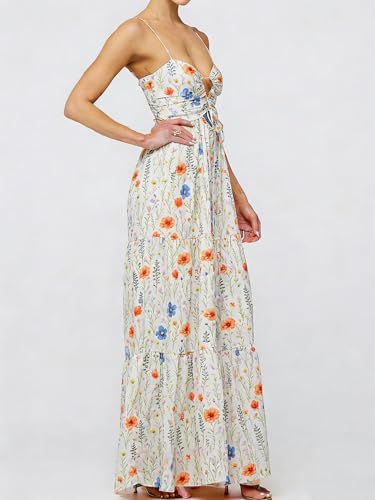 Image of Womens Summer Floral Spaghetti Strap Backless Low Cut Smocked Milkmaid Flowy Beach Sundresses