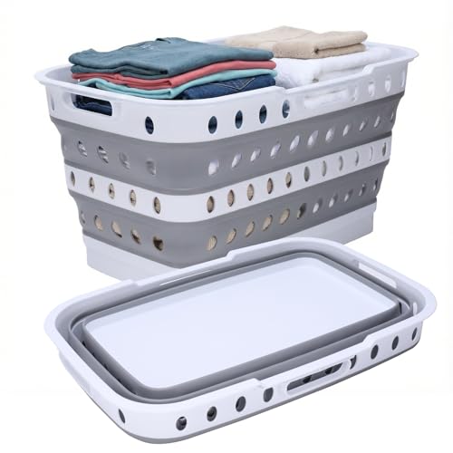 74L Collapsible Laundry Baskets, Plastic Laundry Hamper with Handles, Foldable Laundry Bin, Pop Up Storage Container for Laundry Room Organization, Ideal for Clothes, Towels, Blanket (Grey)