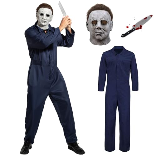 Makoike 3Pcs Michael Myers Costume Adult Scary Killer Mask Horror Overalls Mens Carnival Halloween Costume Cosplay Outfits