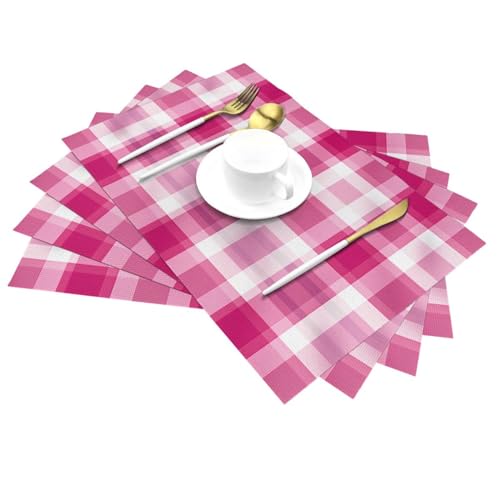 Sets de table pour mariages et fêtes à carreaux roses en PVC tissé x4
