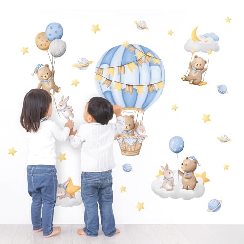 Tanlaby Blue Hot Air Balloon Wall Stickers Cartoon Bear Rabbit Stars Planets Wall Decals Peel and Stick Art Decor for Baby Nursery Kids Bedroom Playroom Daycare Classroom - Image 3