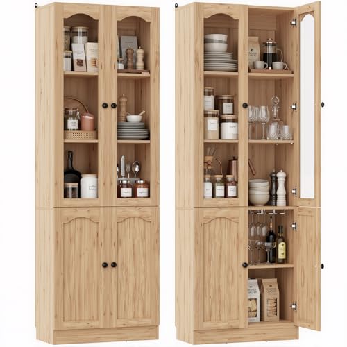 Image of Cyclysio 80 inch Tall Pantry Cabinet with 4 Doors, Natural Oak Kitchen Pantry Storage Cabinet with Built-in Baseboard Notch & Adjustable Shelves - Kitchen Storage Cabinet for Dining, Living, Office