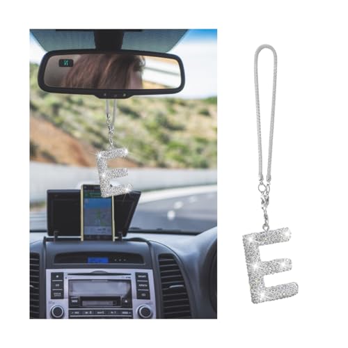 KHGUZ Bling Car Rear View Mirror Letter Charm, Crystal Rhinestone Rear View Mirror Hanging Ornament, Automotive Interior Rearview Mirrors Decoration Accessories, Universal for Vehicles(E)