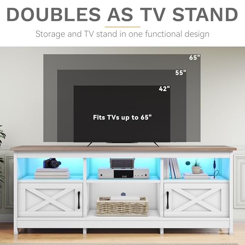 DWVO TV Stand for up to 65 Inch TV, Entertainment Center with Storage, TV Cabinet with Power Outlet & LED Light Strip, Media Console Television Stands for Living Room, White & Walnut