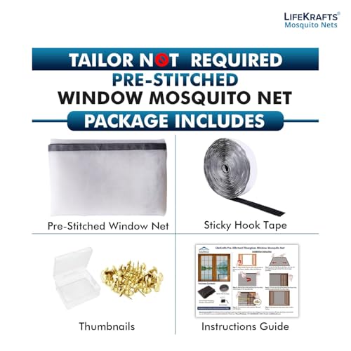 Image of Lifekrafts Standard Size Window Mosquito Net (Size-80x100cms /32x39 Inches /2.62x3.28 Feet, Color-White) 120 GSM Stitched Fiberglass Net with Strong Hook & Loop Adhesive Tape