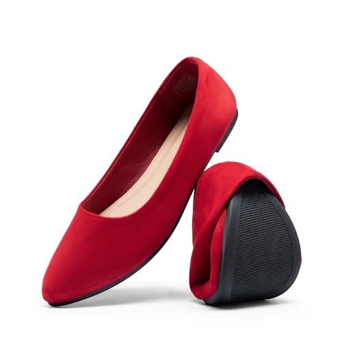 DREAM PAIRS Womenβs Flats Comfortable Slip On Business Work Office Casual Suede Ballet Flats Pointed Toe Dress Shoes 7 Red