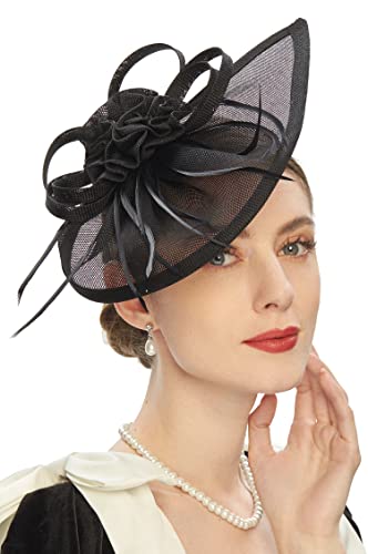 Pillbox Hats 20S 50S Vintage Fascinators For Women With Feather Mesh Veil Headband Bridal Wedding Tea Party (F-Black) #TOP3