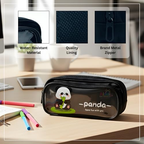 Image of Alokik Enterprise Cute Cartoon Pencil Pouch with Double Zipper & Transparent Window, Large Capacity Fabric Pen Case for School, Office, Students, Kids & Teens (Panda Have Fun with You Black Pouch)