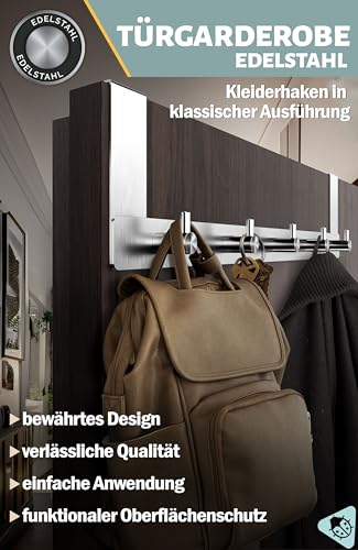 Menz Türgarderobe zum Einhängen - Edelstahl Tür-Garderobe mit Türhaken in klassischer Ausführung, stabile Türhakenleiste zum Einhängen, funktionale Kleiderhaken Tür