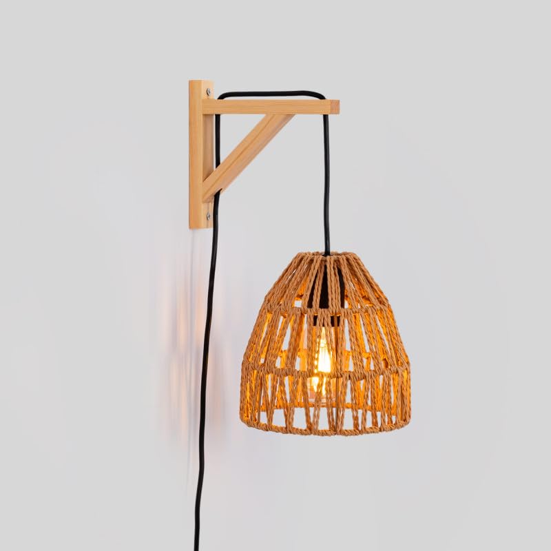 Alpinaluz Applique da parete con cavo, spina e interruttore - Base a Squadra in legno naturale marrone e paralume in corda intrecciata - Attacco E27 per camera da letto, soggiorno o sala da pranzo