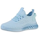 VAN HILL Damen Laufschuhe Sportschuhe Flache Strick Schuhe Stoff Schnürer Sportliche Profilsohle Turnschuhe Freizeit Stoffschuhe 205480 Hellblau 39