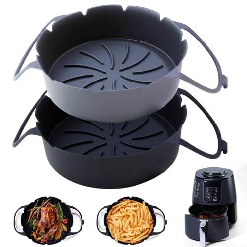 2 Pack Round Silicone Air Fryer Liners, Thickened Reusable Basket Liners with Extended Snap-on Handle, Compatible with Ninja AF101/AF150/AF141/AF161 4-5.5QT Air Fryers,Air Fryer Accessories