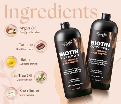 Image of SOULSPA PURE Biotin Argan Oil Shampoo and Conditioner Set - Shea Butter Moisturizing Formula for Curly, Dry & Damaged Hair - Deep Hydration for Men & Women -16 fl oz Each