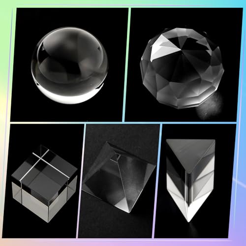 Image of Kingdder 5 Pack K9 Optical Crystal Prism Photography Set Include 50mm Rainbow Crystal Ball Cube Triangular Optical Pyramid and Ball Prism with Box for Photos Teaching Accessory