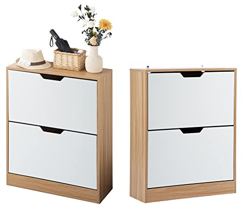 Simpolu 下駄箱 2段 シューズボックス 2層 シューズラック 靴箱 靴棚 シューズ収納 2段扉 引き出し 靴 収納ボック 靴ラック スリム 靴収納棚 シューズキャビネット 玄関収納 スリム コンパクト (マルチカラー)