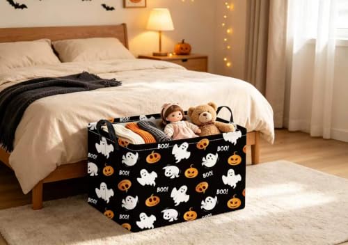 Image of Halloween Basket Cute Baskets for Kids Pumpkin Basket Rectangular Storage Bin Organizer Box Room Decor(Black Boo Halloween)