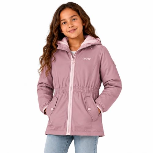 Image of DKNY Girls Midweight Jacket, Anorak Windbreaker, Polar Fleece Lined, Hooded