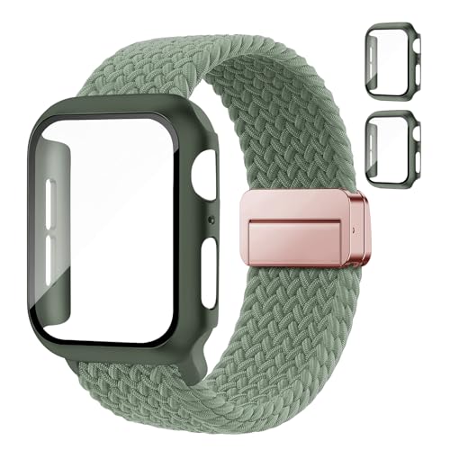 Braided Bands and Case for Apple Watch Bands for Women 40mm 44mm 46mm 42mm 45mm 41mm 38mm Men,Magnetic Nylon Sport Stretchy Solo Loop Elastic Strap with Cover for iWatch Series 11 10 9 8 7 6 5 4 3 SE