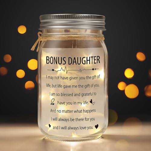 Image of Bonus Daughter Mason Jar Night Light, Bonus Daughter Birthday Gifts from Stepmom, Step Daughter Gifts, Gifts for Daughter in Law