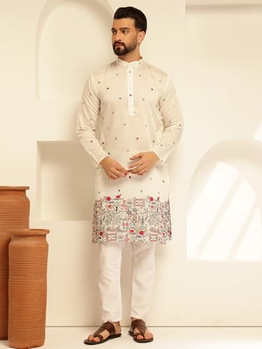 Image of SOJANYA (Since 1958 Men's Festive Cotton Silk Designer Kurta with Daman Embroidered Detailing | Perfect for Navratri, Diwali & Special Occasions