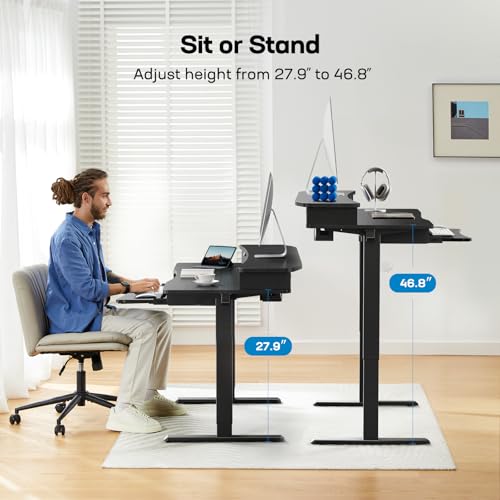 Image of HUANUO 48 inch x 26 inch Electric Standing Desk with 2 Drawers & 26.7 inch Large Keyboard Tray, C-Clamp Mount Compatible, Adjustable Computer Desk for Home Office, Stand Up Desk with 4 Height Presets, Black
