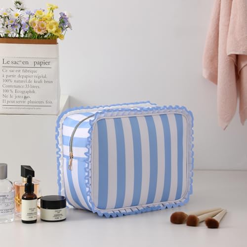 EMBRUNIOICE Stripe Ruffle Makeup Bag,Large Travel Cute Cosmetic Bag for Women Girls,Toiletry Bag Make up Organizer 10.8 x 4.5 x 8 inch (Blue Stripe)