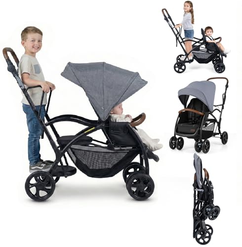 INFANS Sit and Stand Double Stroller, Foldable Tandem with Standing Platform Reclining Backrest, Adjustable Handlebar and Footrest, Storage Basket 5-Point Harnesses, Baby Pushchair for Toddlers
