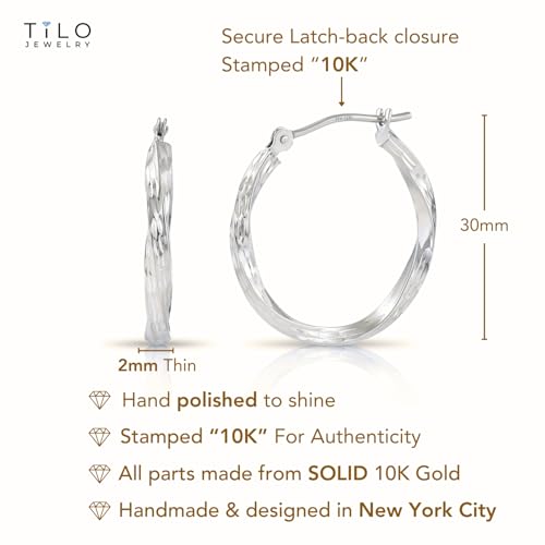 10K White Gold Diamond-Cut Twisted Round Hoop Earrings3
