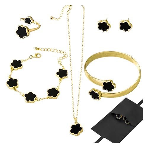GyovinnJuwanua Lucky Flower Alloy Jewelry - 5Pcs Lucky Flower Design Necklace Earrings Bracelet Bangle Ring Jewelry Set Clover Gold Plated Chain Wrap Ornament & Plush Pouch for Women (Black)