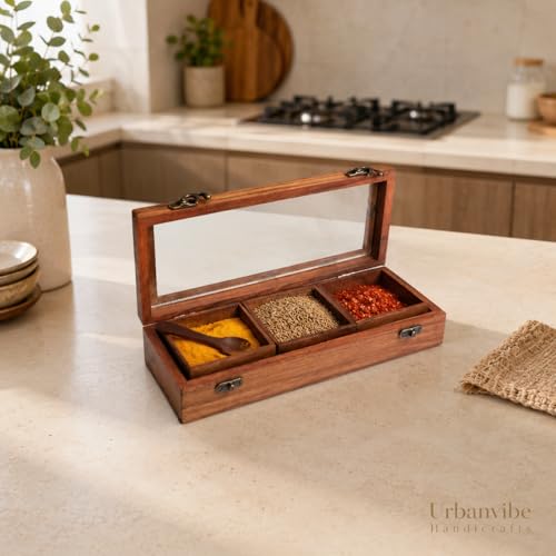 Image of Wooden Spice Box with Glass Lid & Spoon | Sheesham Wood Masala Dabba Organizer | 3 Compartments Spice Storage Container for Kitchen | Handmade Masala Box (Brown)