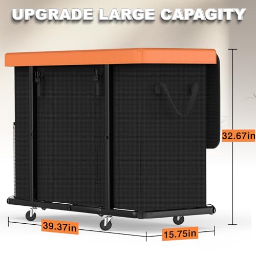 Image of 300L Large Fashion Laundry Basket with Wheels, Leather Patchwork Rolling Hamper Carts, Sturdy Metal Frame, Removable Washable Bag, Tall Clothes Sorter for Bedroom (Black, 4 Section-300L)