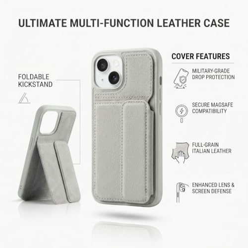 Image of amazon basics Luxury Vegan Leather Back Cover for iPhone 15 | Built-in Card Holder Slot | Integrated Mobile Stand | Slim Shockproof Protective Case with Stitched Finish - Gray