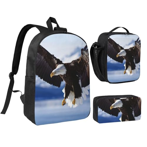 Sac à dos aigle 3 en 1 avec sac repas et trousse, ensemble scolaire noir 43 cm