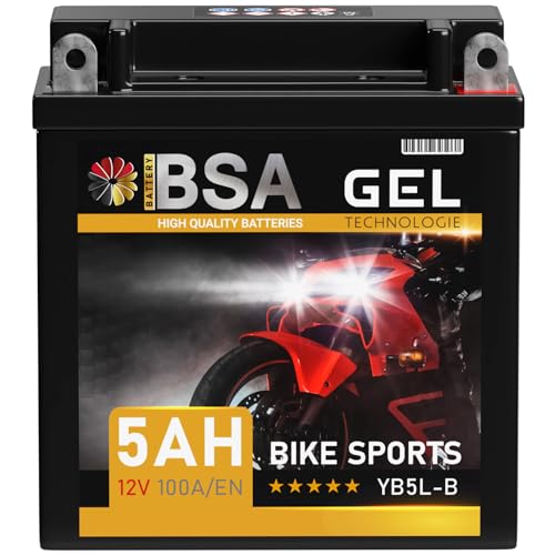 BSA YB5L-B GEL Roller Batterie 12V 5Ah 100A/EN Motorradbatterie doppelte Lebensdauer entspricht 50512 CB5L-B 12N5.5-3B vorgeladen auslaufsicher wartungsfrei ersetzt 4Ah