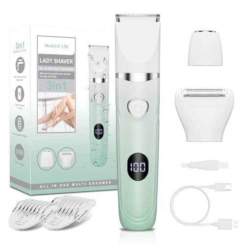 RUIBO Bikini Trimmer for Women, 3-in-1 Painless Electric Razors for Silk Skin, Wet/Dry Body Hair Shaver for Face Nose Eyebrow Arms Armpit Legs Pubic Area, IPX7 Waterproof, Ceramic Blade