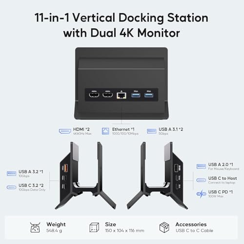 Image of USB C Laptop Docking Station Dual Monitor, 11 in 1 Vertical Dock with 2 HDMI 4K, 3 USB A /C 10Gbps, 2USB-A 5Gbps, USB A 2.0, Ethernet, Docking Station Stand for Type-C Laptops (Black)