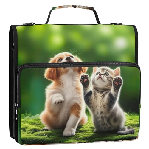 かわいい遊び心のある子犬子猫バインダージッパーオーガナイザー1.5インチバインダー3リング高耐久バインダーストラップ付きミドルスクールバッグ収納ポートフォリオケース ハンドル付き