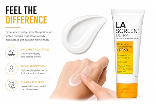 Image of LA Screen Ultra Matte Sunscreen Gel SPF 60 | PA+++ Broad Spectrum UVA /UVB Protection | Silicone-Based Lightweight Oil-Free Formula | Non-Greasy, Sweat-Resistant Sunblock for Oily & Acne-Prone Skin | Photo-Age Protection | 50g