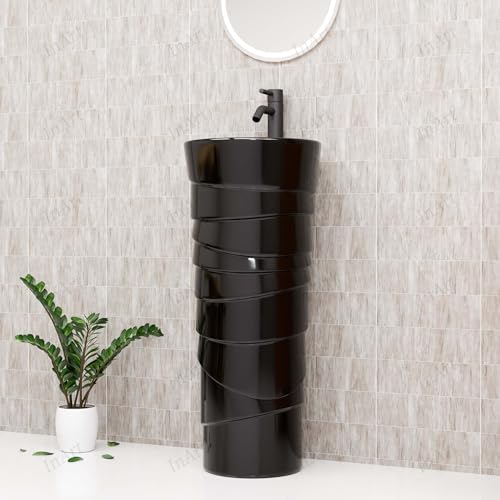 Image of InArt Ceramic One-Piece Pedestal Wash Basin | Free-Standing Pedestal for Living Room & Bathroom | 15 X 15 X 34 Inch (Black)
