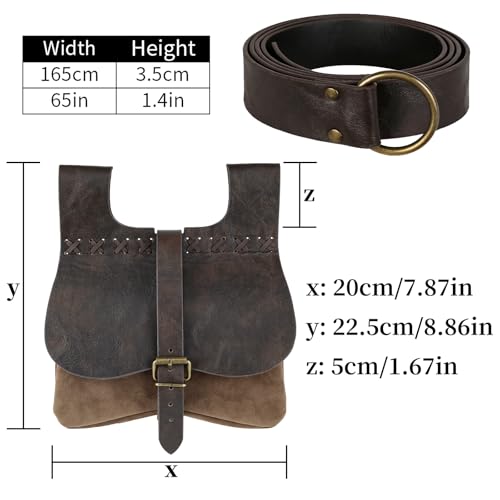 Image of HiiFeuer 2PCs Medieval Belt Bag Set, Faux Leather Buckle Waist Pack Renaissance Portable Side Pouch for Ren Faire Cosplay (Brown A)