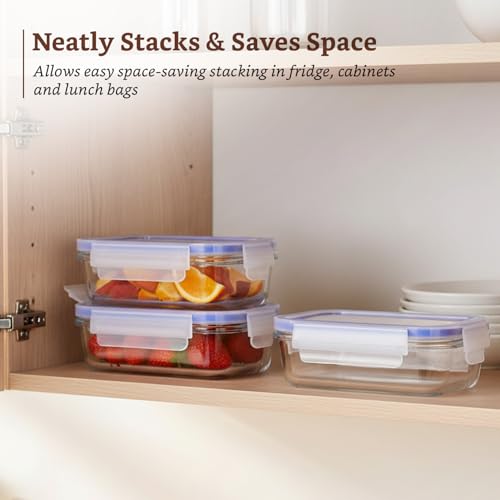 Image of Amazon Brand - Solimo Rectangular Glass Food Storage Container, 340 ml - Set of 3, Airtight & Leakproof, Microwave & Freezer Safe, Transparent