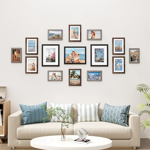 Image of Vittanly 15 Pack Picture Frames Collage Wall Decor, Multi Sizes Including 3pcs 8x10, 6pcs 5x7 and 6pcs 4x6 Photo Frames, Gallery Frame Set for Wall or Tabletop Display, Black, Brown and Dark Grey
