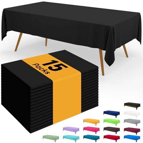 Image of Smiry Disposable Table Cloth - 15 Pack, 54 x 108 Inch Waterproof Rectangle Tablecloths for Parties, Decorative Plastic Table Cover, Leakproof & Sturdy, Black