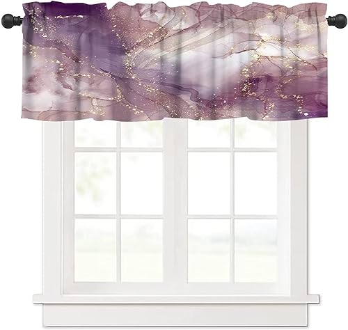 Image of Pink Marble Window Valance Curtain, Purple Maroon Gold Veins Unique Ombre Abstract Modern Luxury Ink Texture Window Valances Treatments for Kitchen Living Room Cafe Decor 54'x18', 1 Panel