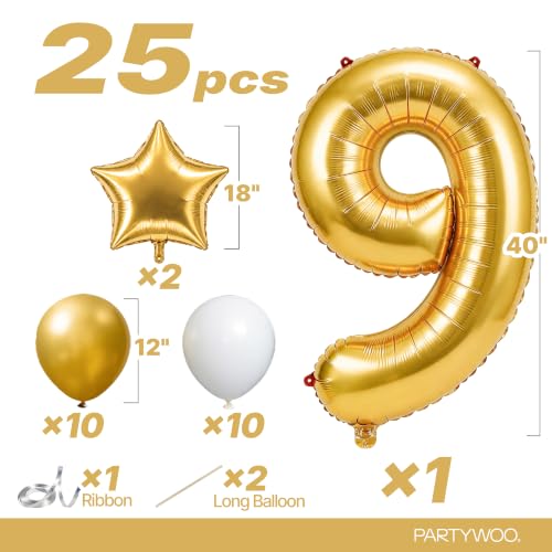 Image of PartyWoo Metallic Gold Number 9 Balloon 40 Inch 25pcs Gold Foil Star White