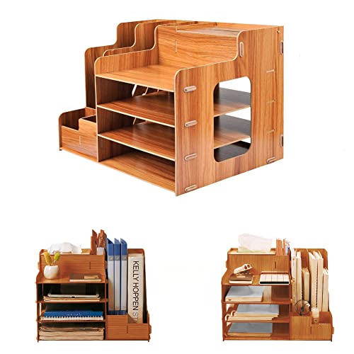 Bluelander Organizador de Escritorio para Oficina y Hogar, Estante Organizador con Caja de Pañuelos, Diversos Compartimientos, Fabricado de Madera, Ahorra Espacio para Bolígrafos, Carpetas (Oscuro)