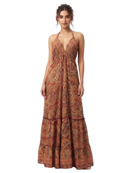 Women's Blue Floral Print Halter Neck Backless Maxi Dress-picture-17