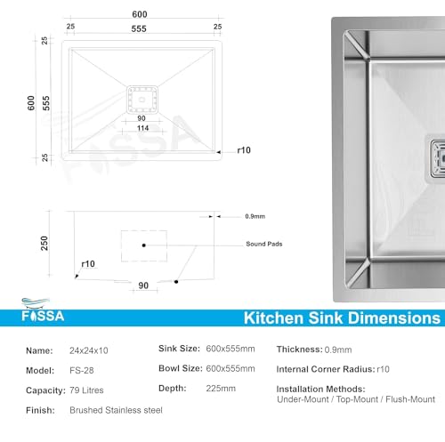 Image of Fossa 24 inchx24 inchx10 inch ๐-๐๐๐๐ ๐๐๐๐๐๐๐๐ Premium Stainless Steel Single Bowl Kitchen Sink | Scratch Resistant, Anti-Stain | Includes Coupling, Waste Pipe, and Silver (Matte Finish)