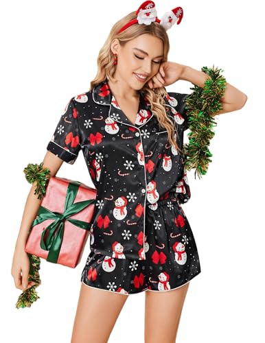 Ekouaer Womens Silk Satin Pajamas Set Short Sleeve Sleepwear Button Down Loungewear 2 Piece Pjs Shorts Set Black Christmas Snowman Medium